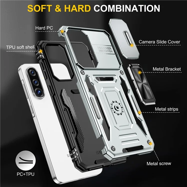 Étui pour Samsung Galaxy A36 5G / A56 5G avec Béquille, Couvercle de Lentille Coulissant, Coque de Protection Antichoc PC + TPU - Gris