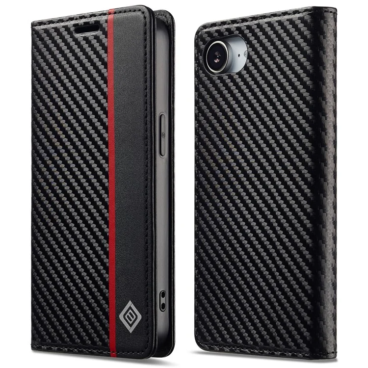 LC.IMEEKE For iPhone 16e Case Carbon Fiber Texture Phone Cover Stand Card Holder - Vertical Stripe