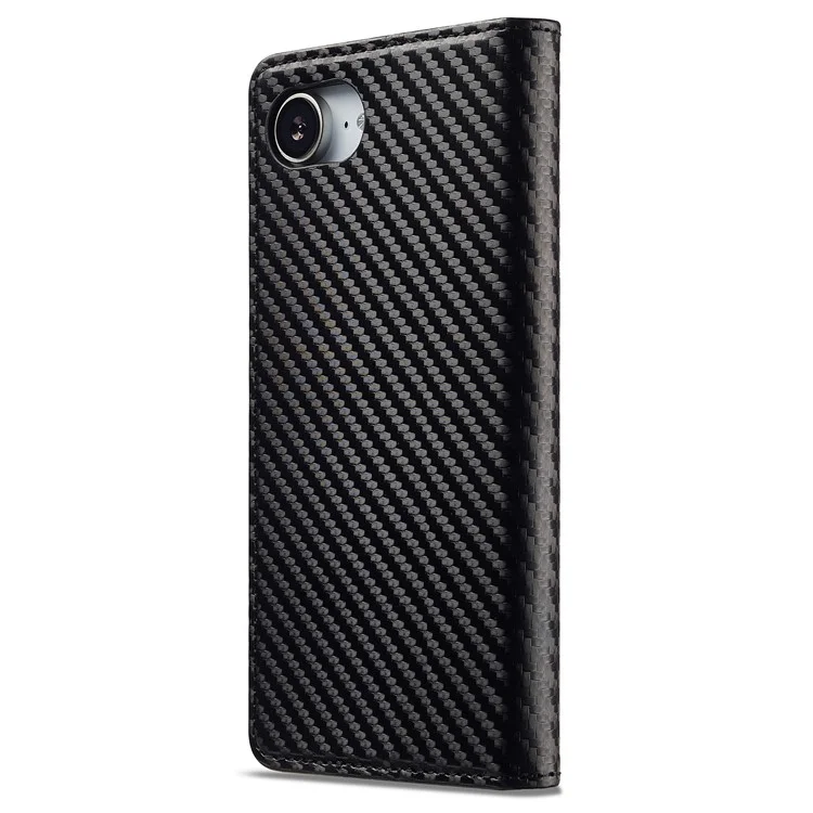 LC.IMEEKE For iPhone 16e Case Carbon Fiber Texture Phone Cover Stand Card Holder - Vertical Stripe