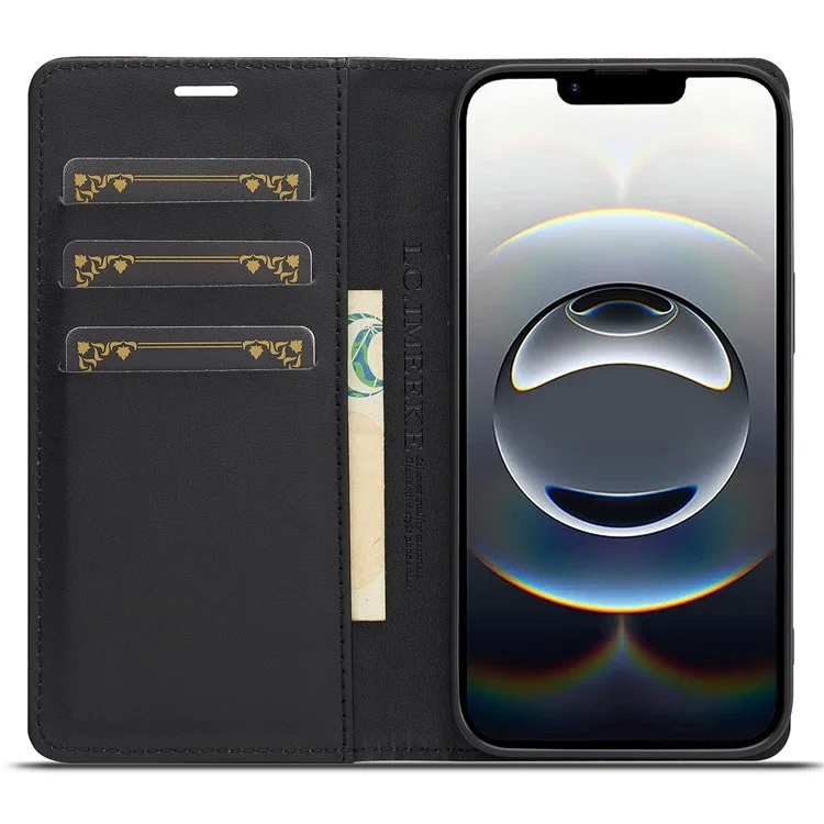 LC.IMEEKE For iPhone 16e Case Carbon Fiber Texture Phone Cover Stand Card Holder - Vertical Stripe