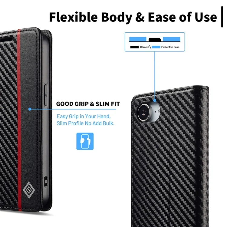LC.IMEEKE For iPhone 16e Case Carbon Fiber Texture Phone Cover Stand Card Holder - Vertical Stripe