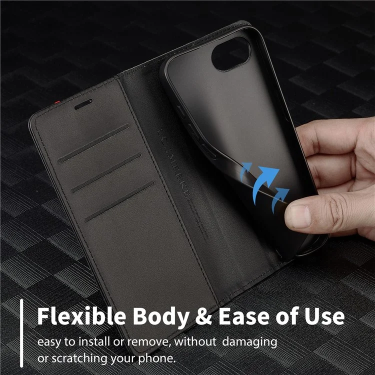 LC.IMEEKE For iPhone 16e Case Carbon Fiber Texture Phone Cover Stand Card Holder - Vertical Stripe