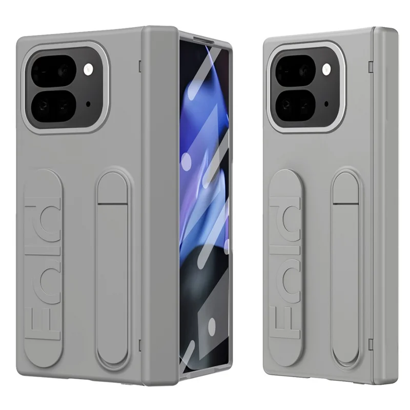 For Google Pixel 10 Pro Fold Case Kickstand Wristband PC Phone Cover with Tempered Glass Film - Grey