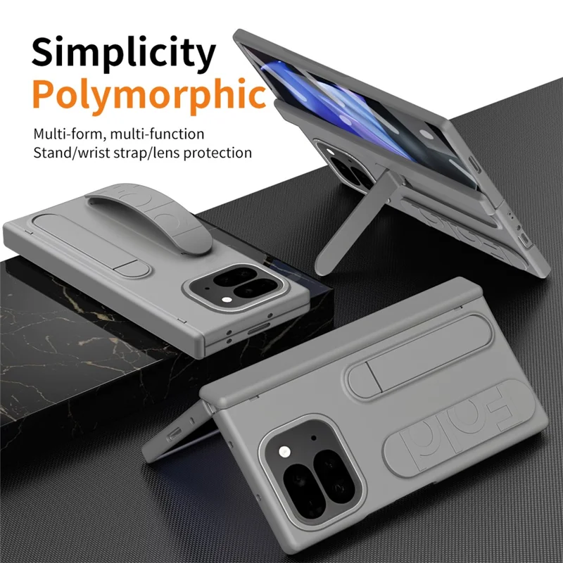 For Google Pixel 10 Pro Fold Case Kickstand Wristband PC Phone Cover with Tempered Glass Film - Grey