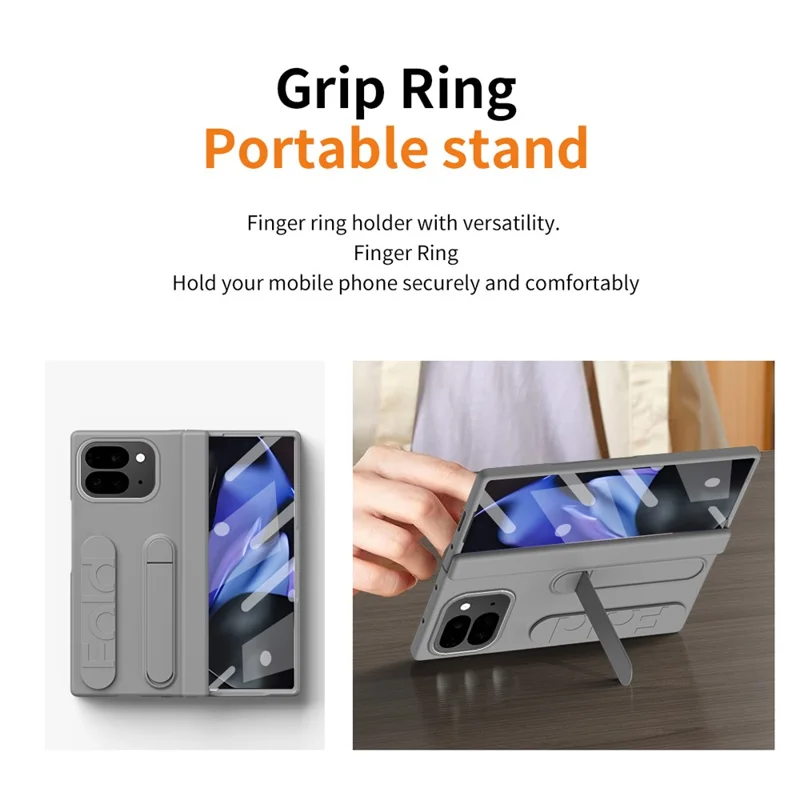 For Google Pixel 10 Pro Fold Case Kickstand Wristband PC Phone Cover with Tempered Glass Film - Grey