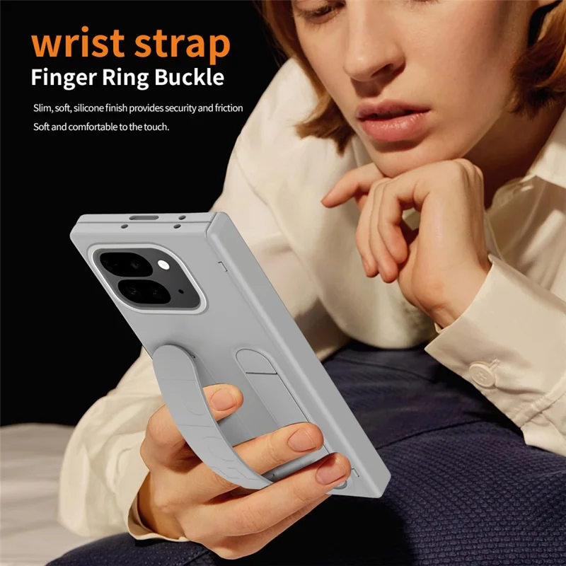 For Google Pixel 10 Pro Fold Case Kickstand Wristband PC Phone Cover with Tempered Glass Film - Grey