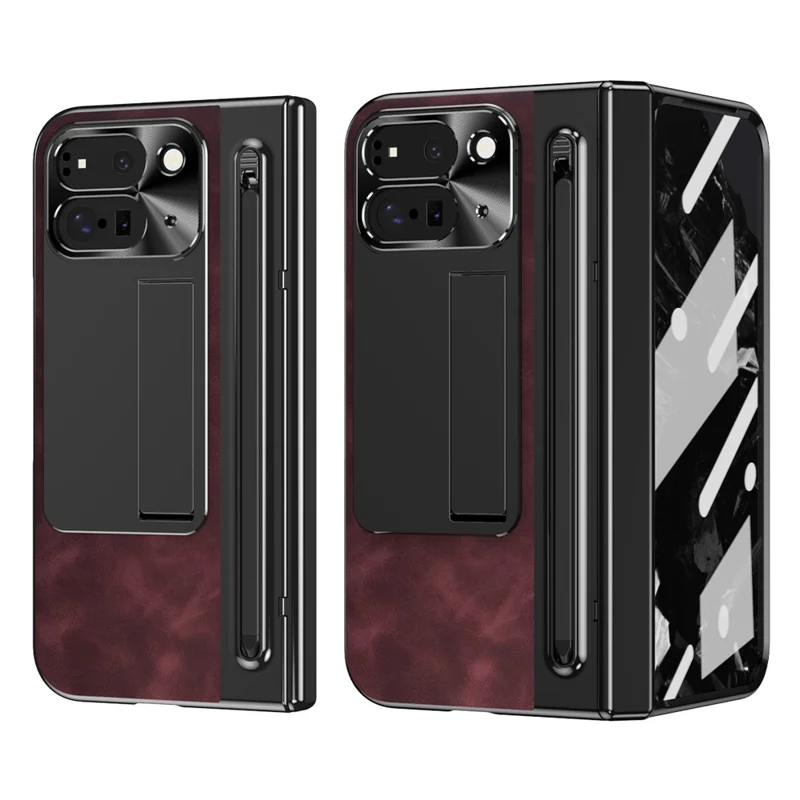 For Google Pixel 10 Pro Fold Case Pen Slot Leather + PC Kickstand Phone Cover with Tempered Glass Film, Stylus - Wine Red