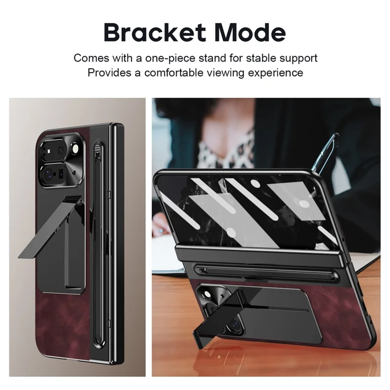 For Google Pixel 10 Pro Fold Case Pen Slot Leather + PC Kickstand Phone Cover with Tempered Glass Film, Stylus - Wine Red