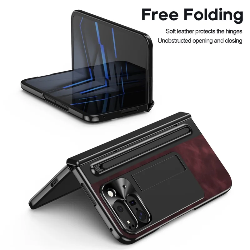 For Google Pixel 10 Pro Fold Case Pen Slot Leather + PC Kickstand Phone Cover with Tempered Glass Film, Stylus - Wine Red