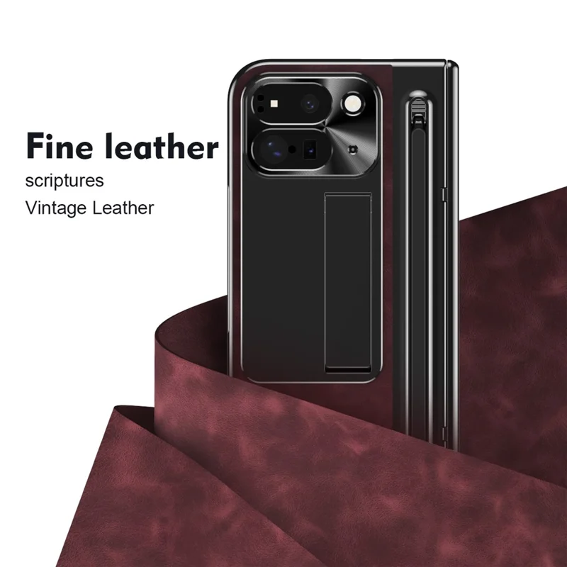 For Google Pixel 10 Pro Fold Case Pen Slot Leather + PC Kickstand Phone Cover with Tempered Glass Film, Stylus - Wine Red