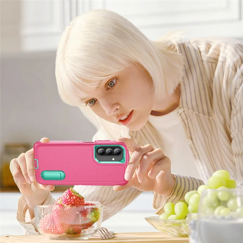 For Samsung Galaxy A26 5G Case Kickstand Phone Cover PC + Silicone + EVA 3-in-1 Design - Rose + Light Cyan