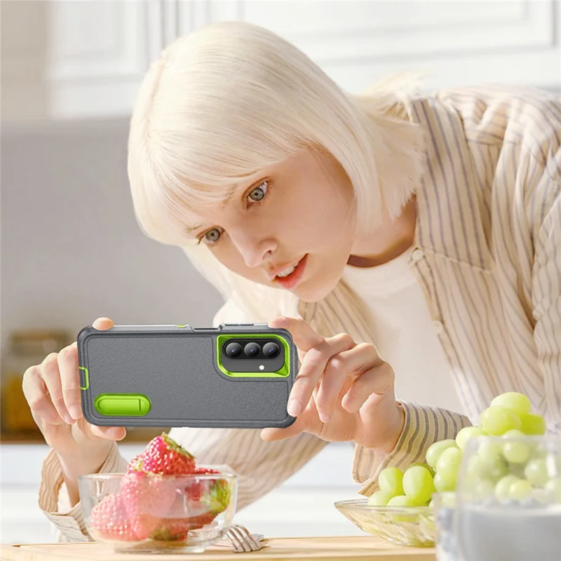 For Samsung Galaxy A26 5G Case Kickstand Phone Cover PC + Silicone + EVA 3-in-1 Design - Grey + Green