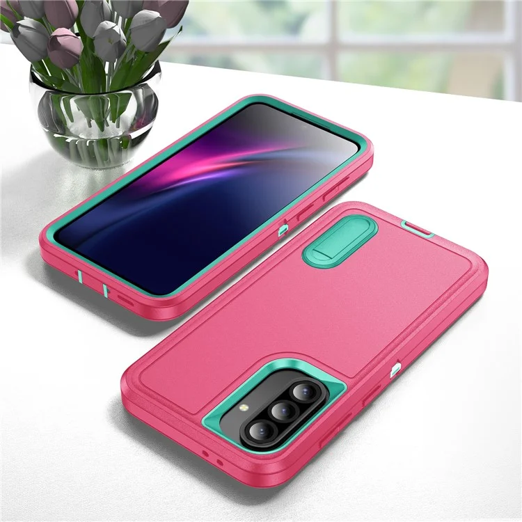 Capa para Samsung Galaxy A36 5G com Suporte, Capa de Telefone PC + Silicone + EVA Design 3 em 1 - Rosa + Azul Claro