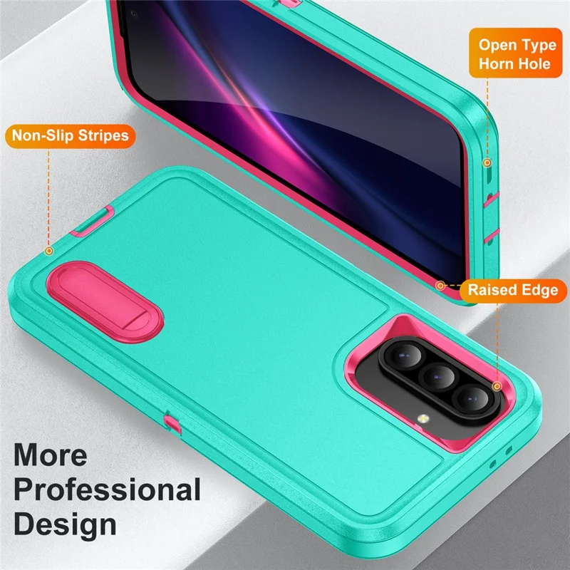 For Samsung Galaxy A56 5G Case Kickstand Phone Cover PC + Silicone + EVA 3-in-1 Design - Light Cyan + Rose