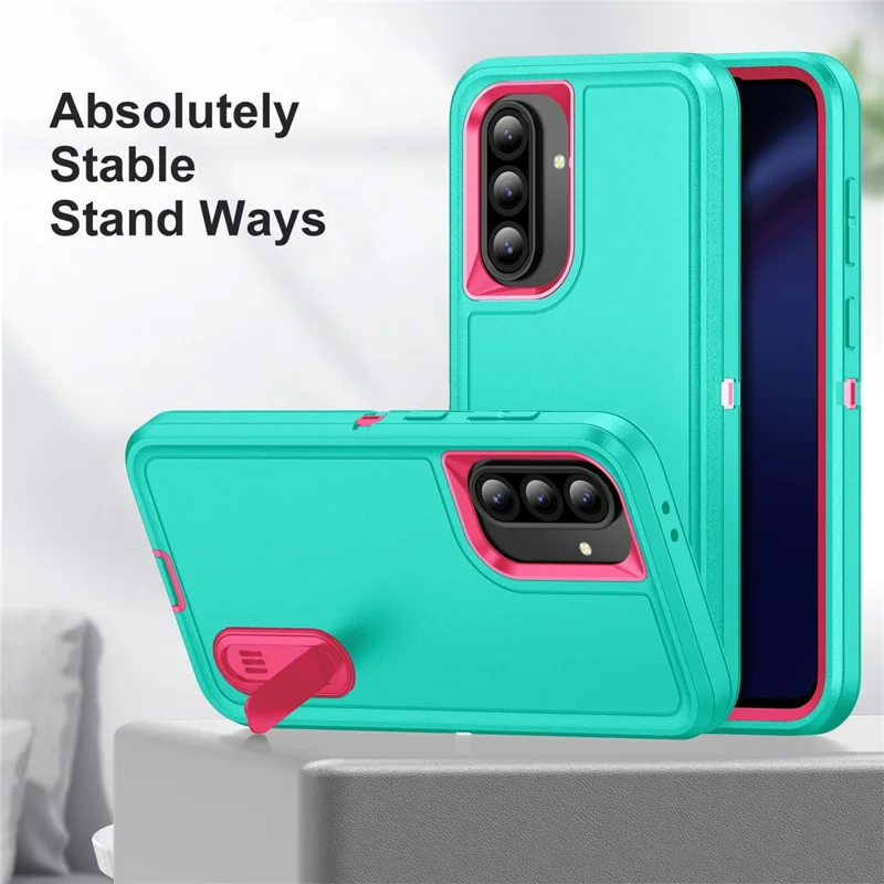 For Samsung Galaxy A56 5G Case Kickstand Phone Cover PC + Silicone + EVA 3-in-1 Design - Light Cyan + Rose