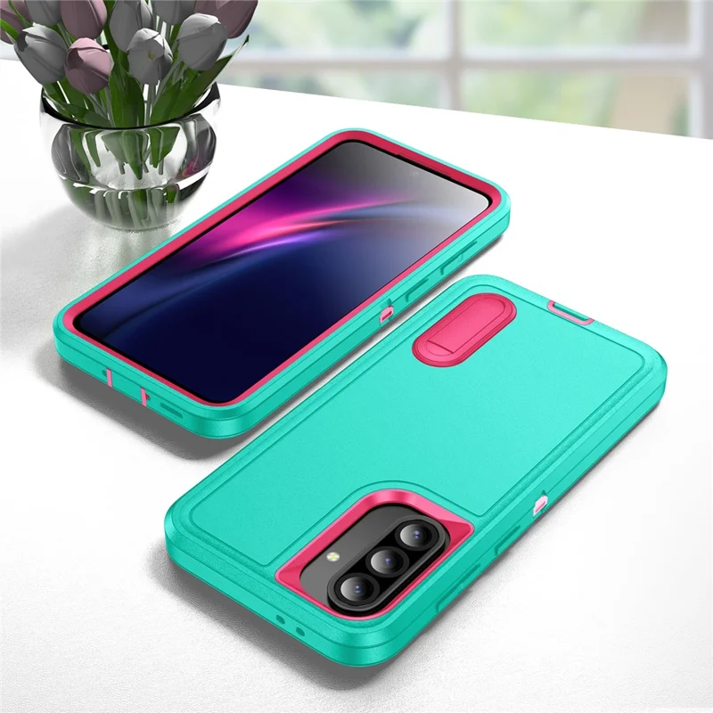 For Samsung Galaxy A56 5G Case Kickstand Phone Cover PC + Silicone + EVA 3-in-1 Design - Light Cyan + Rose