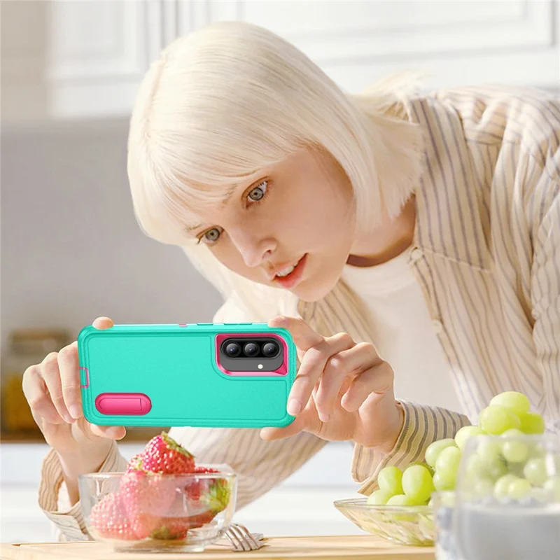 For Samsung Galaxy A56 5G Case Kickstand Phone Cover PC + Silicone + EVA 3-in-1 Design - Light Cyan + Rose
