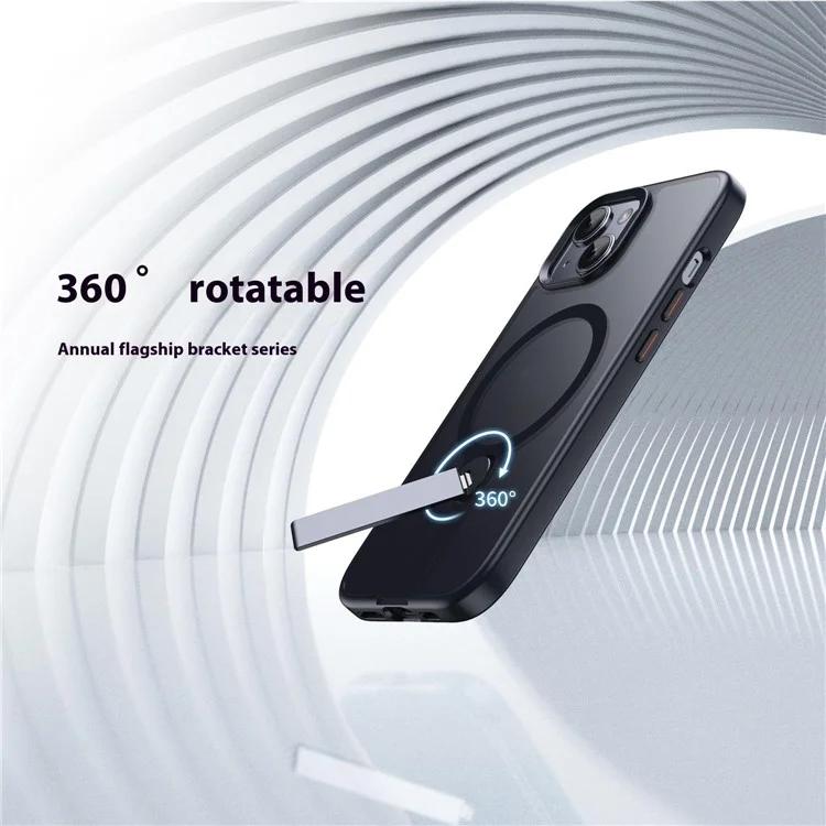 For iPhone 14 Case Compatible with MagSafe Rotating Straight Kickstand TPU + PC Matte Phone Cover - Black