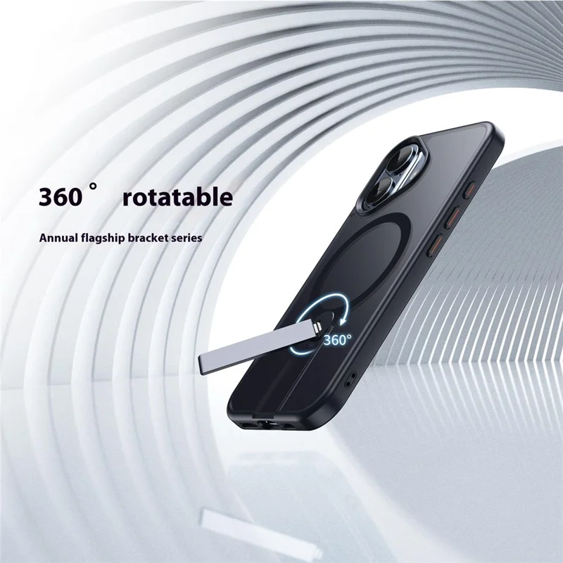 For iPhone 16 Case Compatible with MagSafe Rotating Straight Kickstand TPU + PC Matte Phone Cover - Black