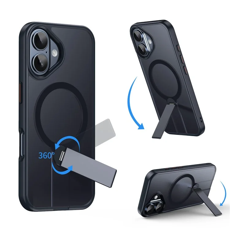 For iPhone 16 Plus Case Compatible with MagSafe Rotating Straight Kickstand TPU + PC Matte Phone Cover - Black