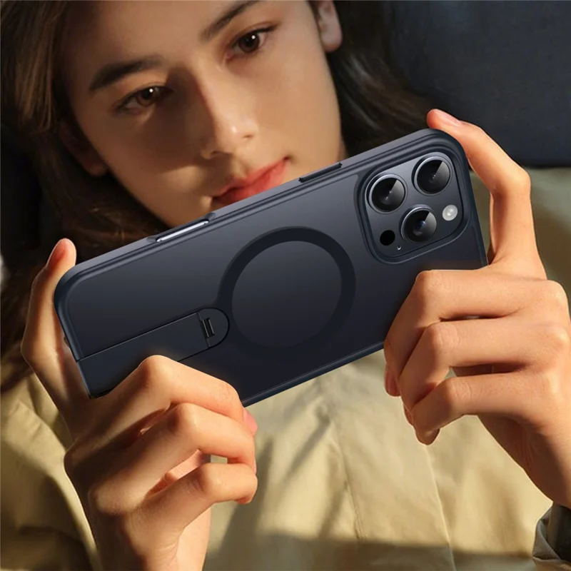 For iPhone 16 Pro Case Compatible with MagSafe Rotating Straight Kickstand TPU + PC Matte Phone Cover - Black