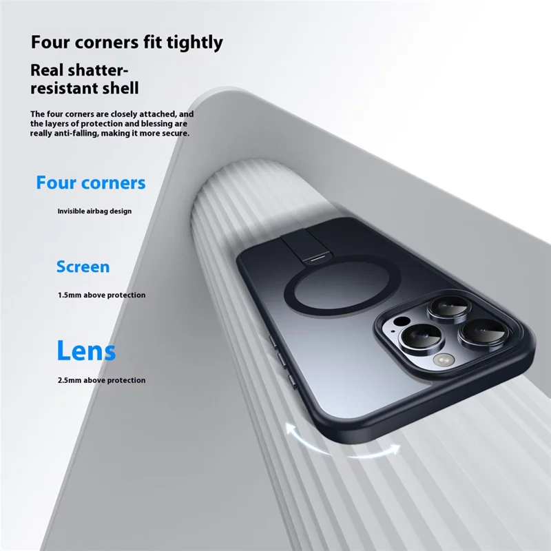 For iPhone 16 Pro Case Compatible with MagSafe Rotating Straight Kickstand TPU + PC Matte Phone Cover - Black