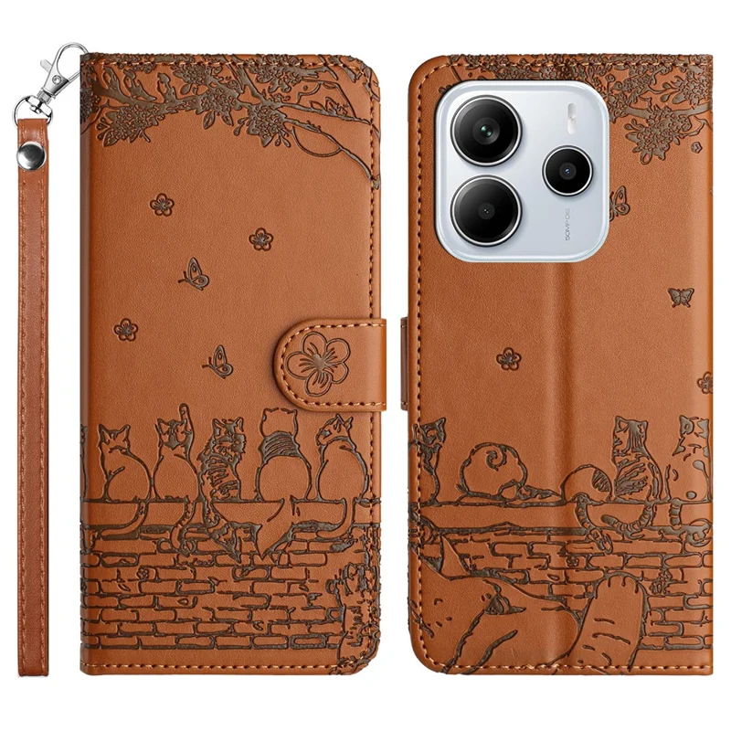 For Xiaomi Redmi Note 14 4G (163.25mm) Case with Wrist Strap Leather Phone Cover Wall Cats Pattern - Brown