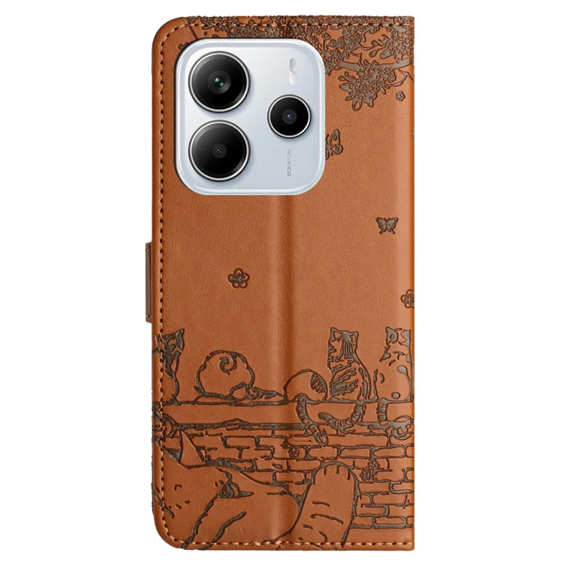 For Xiaomi Redmi Note 14 4G (163.25mm) Case with Wrist Strap Leather Phone Cover Wall Cats Pattern - Brown