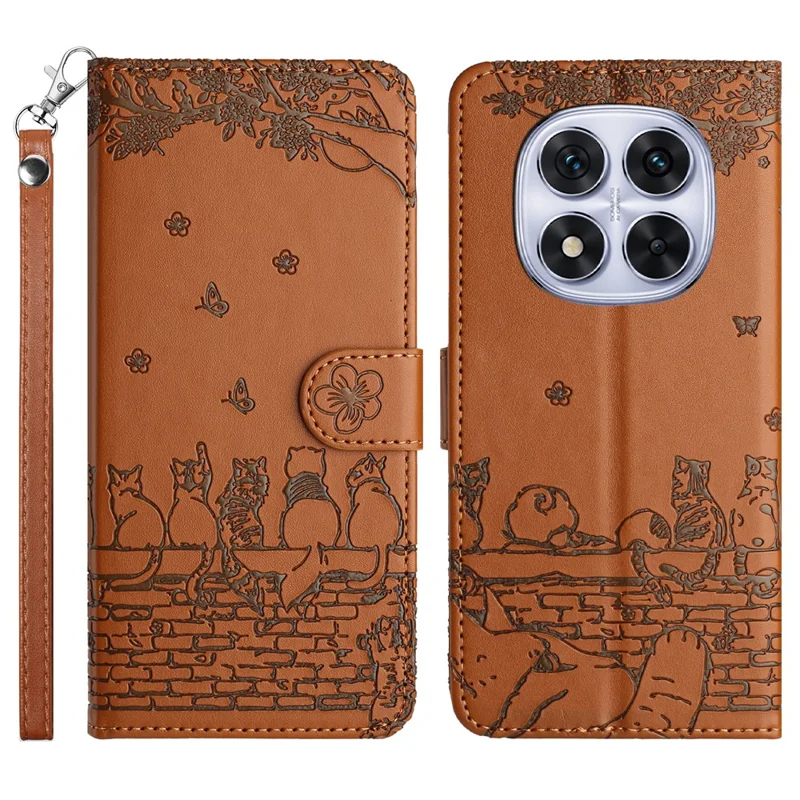 For Xiaomi Redmi Note 14 Pro 4G Case with Wrist Strap Leather Phone Cover Wall Cats Pattern - Brown