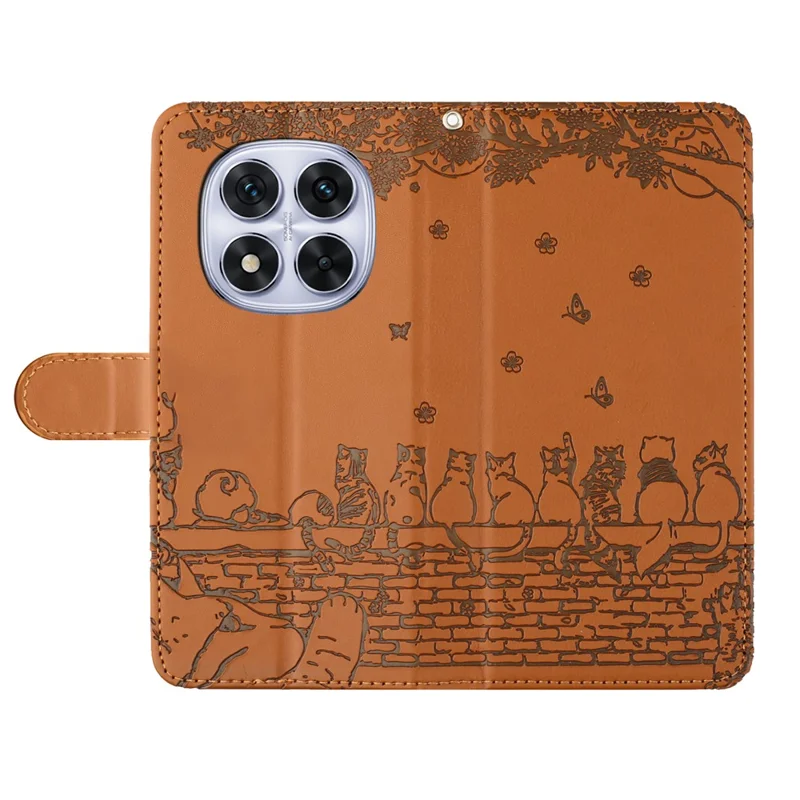 For Xiaomi Redmi Note 14 Pro 4G Case with Wrist Strap Leather Phone Cover Wall Cats Pattern - Brown