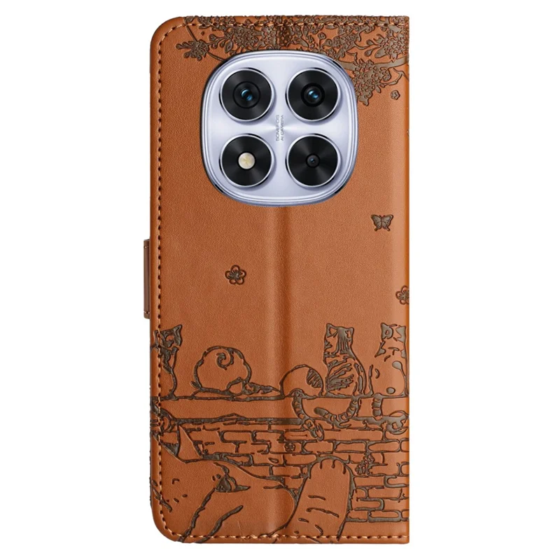 For Xiaomi Redmi Note 14 Pro 4G Case with Wrist Strap Leather Phone Cover Wall Cats Pattern - Brown