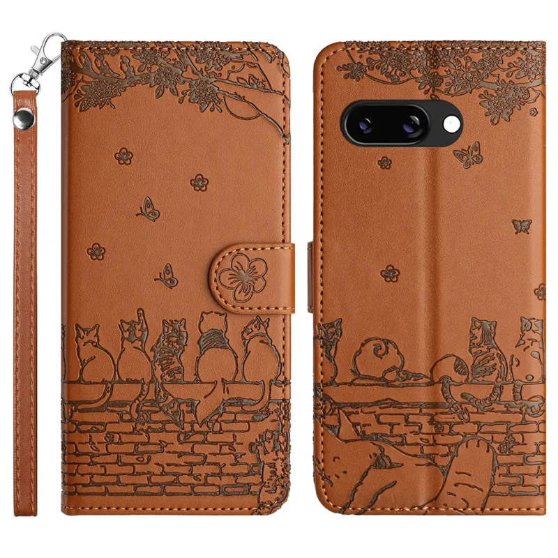 For Google Pixel 9a Case with Wrist Strap Leather Phone Cover Wall Cats Pattern - Brown