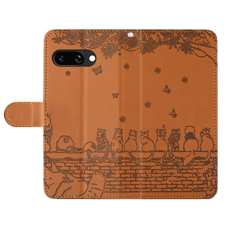 For Google Pixel 9a Case with Wrist Strap Leather Phone Cover Wall Cats Pattern - Brown