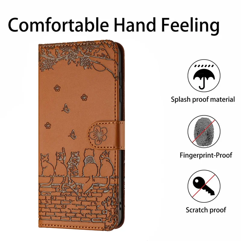 For Google Pixel 9a Case with Wrist Strap Leather Phone Cover Wall Cats Pattern - Brown