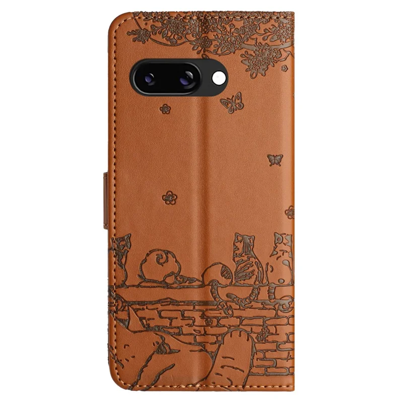 For Google Pixel 9a Case with Wrist Strap Leather Phone Cover Wall Cats Pattern - Brown