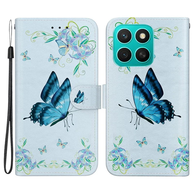 Etui portfelikowe z klapką dla Honor X8c 4G, antywypadkowe etui z nadrukiem skóry PU - niebieski motyl i kwiaty
