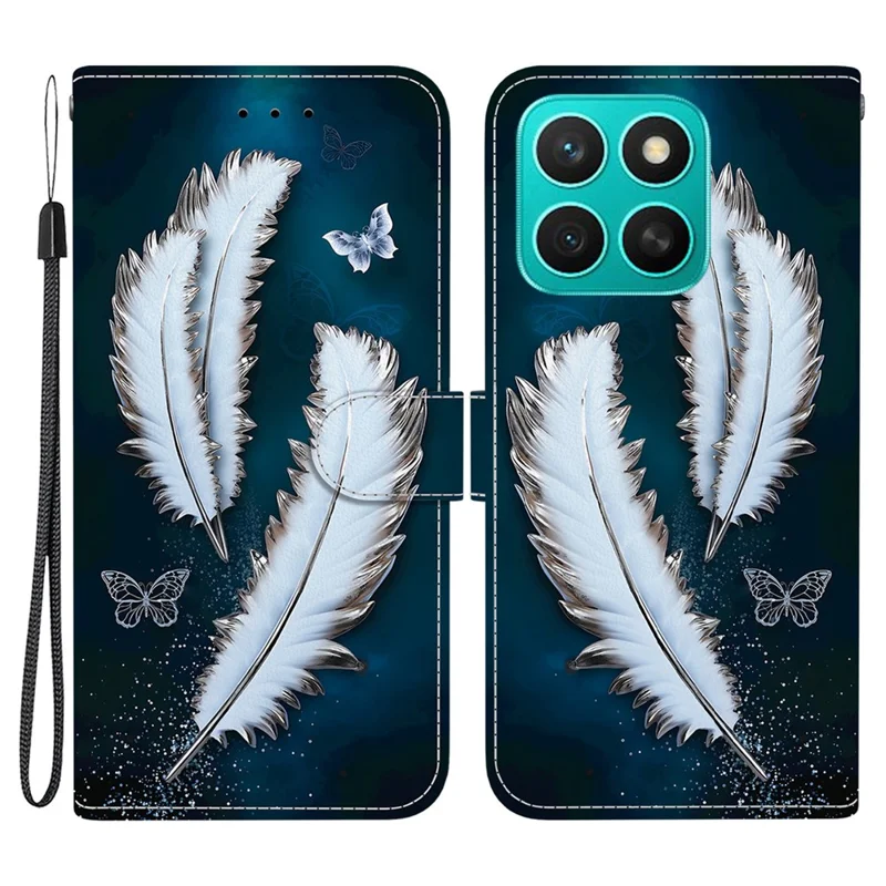 Folia na Honor X8c 4G, etui skórzane z nadrukiem, antywypadkowe, z zawiasem, z portfelem i rączką - białe pióra motyla