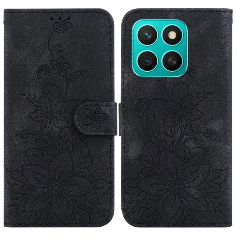 Voor Honor X8c 4G hoesje met leliebloemprint Lederen telefoonhoes met standaard - Zwart