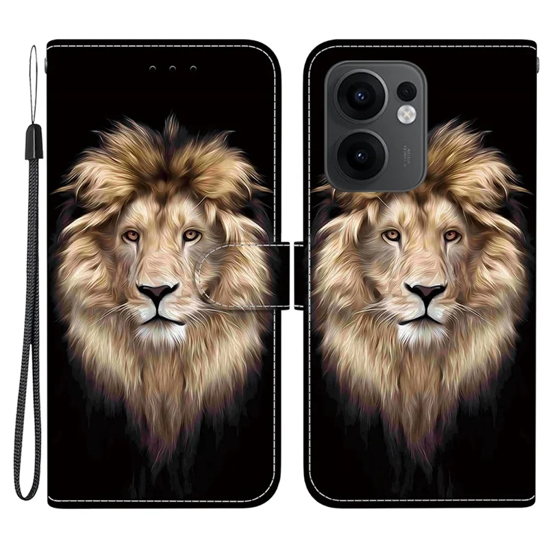 For Oppo Reno13 F 5G (Reno 13 FS 5G) / 4G Case Pattern Printing Anti-Drop Leather Flip Wallet Phone Cover with Lanyard - Lion Head