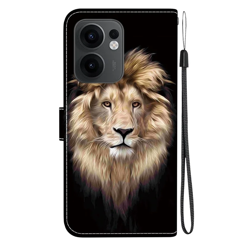 For Oppo Reno13 F 5G (Reno 13 FS 5G) / 4G Case Pattern Printing Anti-Drop Leather Flip Wallet Phone Cover with Lanyard - Lion Head