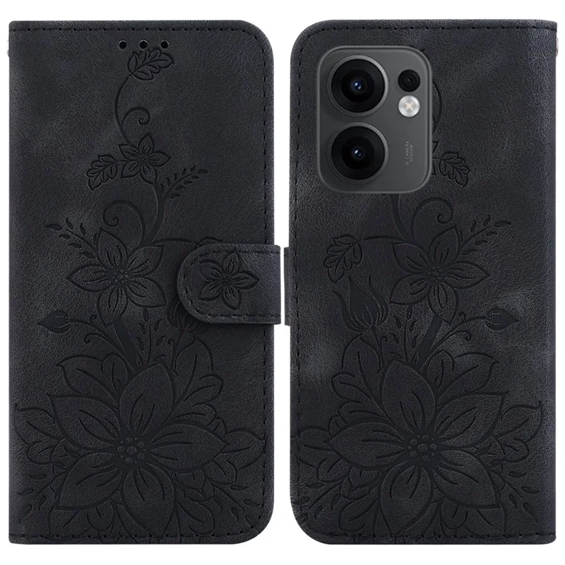 Für Oppo Reno13 F 5G Hülle Lilien-Blumen-Prägung Lederhülle mit Ständer - Schwarz