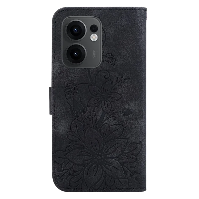 Für Oppo Reno13 F 5G Hülle Lilien-Blumen-Prägung Lederhülle mit Ständer - Schwarz