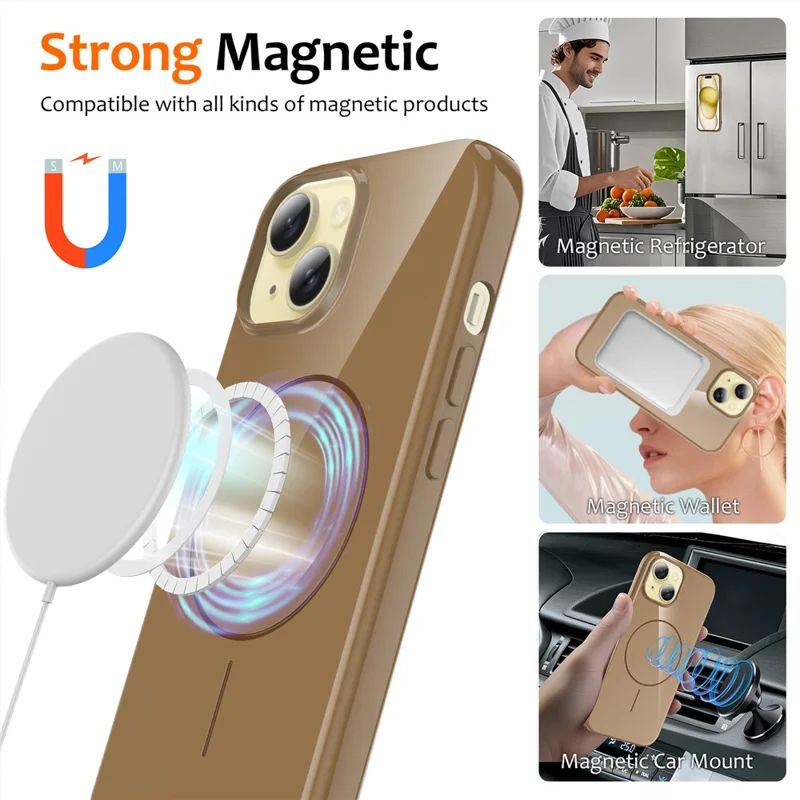 For iPhone 14 Plus Magnetic Case Compatible with MagSafe TPU Phone Back Cover with Lanyard - Gold