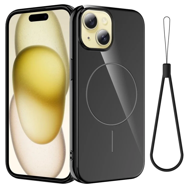 For iPhone 15 Plus Magnetic Case Compatible with MagSafe TPU Phone Back Cover with Lanyard - Black