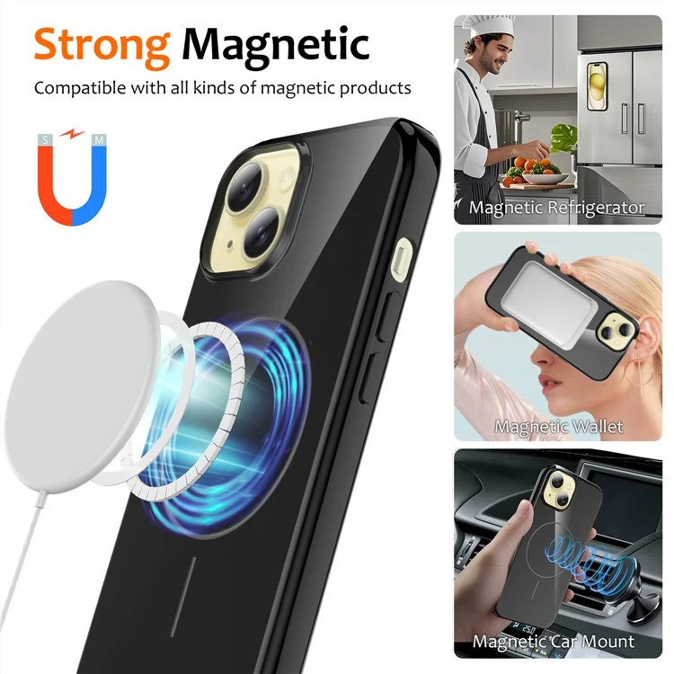 For iPhone 15 Plus Magnetic Case Compatible with MagSafe TPU Phone Back Cover with Lanyard - Black