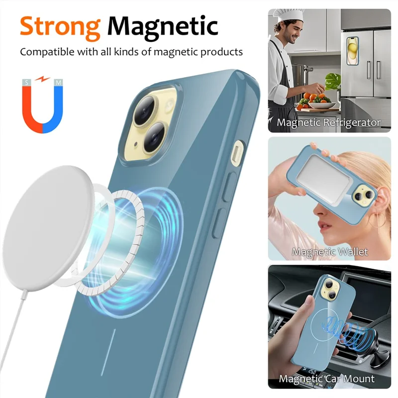 For iPhone 15 Plus Magnetic Case Compatible with MagSafe TPU Phone Back Cover with Lanyard - Blue