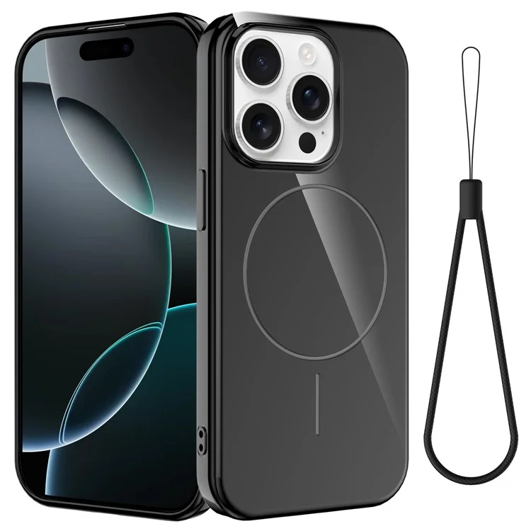 For iPhone 15 Pro Max Magnetic Case Compatible with MagSafe TPU Phone Back Cover with Lanyard - Black