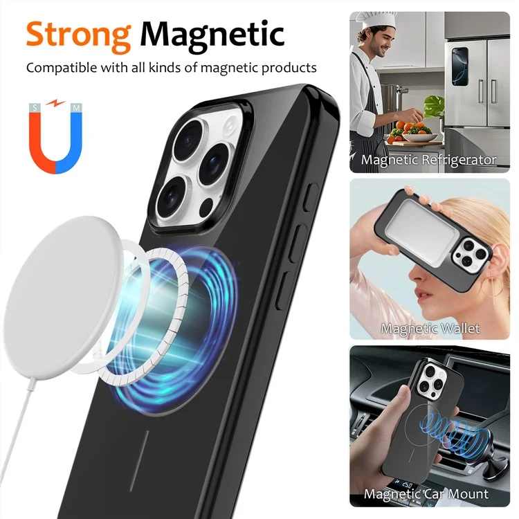 For iPhone 15 Pro Max Magnetic Case Compatible with MagSafe TPU Phone Back Cover with Lanyard - Black