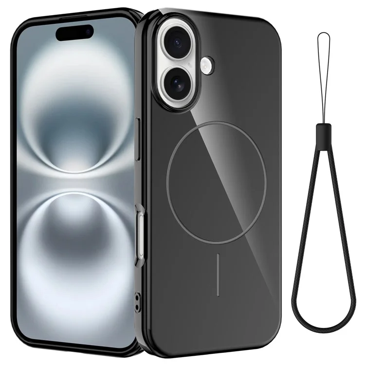 For iPhone 16 Plus Magnetic Case Compatible with MagSafe TPU Phone Back Cover with Lanyard - Black