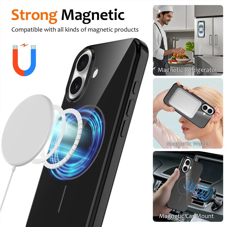 For iPhone 16 Plus Magnetic Case Compatible with MagSafe TPU Phone Back Cover with Lanyard - Black
